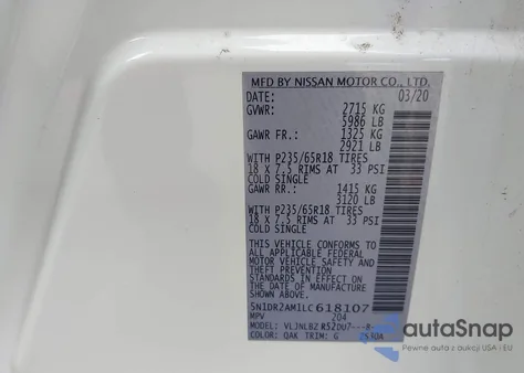 2020 Nissan Pathfinder S 4Wd из США, поврежденный, VIN 5N1DR2AM1LC618107